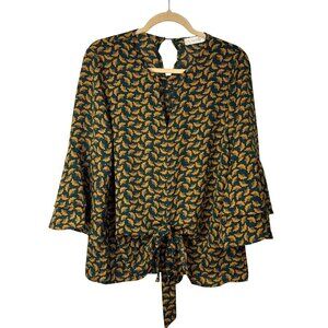 Weekend Suzanne Betro S Green Yellow Floral Print Blouse Top Boho Retro Flowy